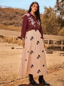 SHEIN VCAY 大码女式优雅高开叉碎花裙 - 卡其色 - 查看 5