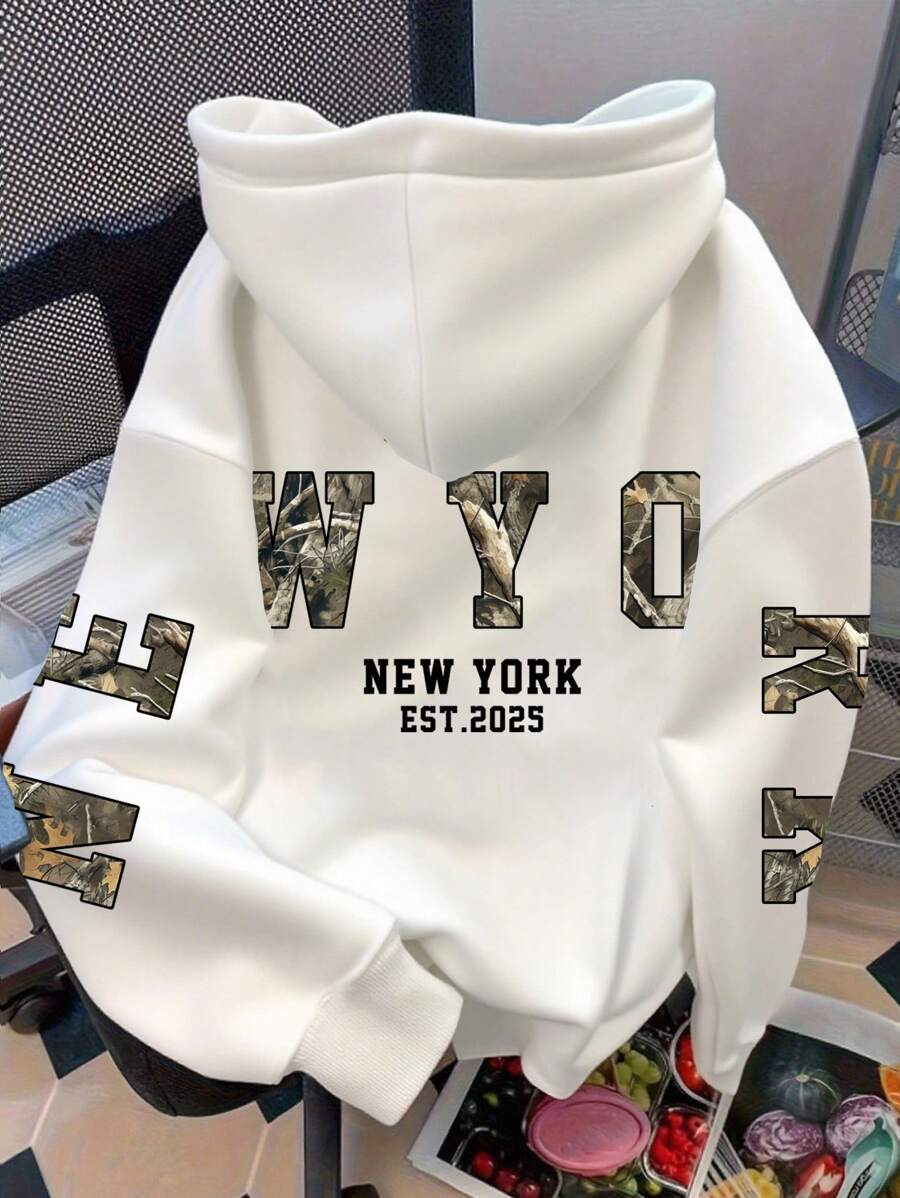 Attitoon Sudadera holgada de mujer con estampado vintage de Nueva York y hojas, de ajuste suelto y gruesa, estilo retro casual para otoño, vacaciones, ropa de calle, graduación, maestros, vuelta al cole, otoño/invierno - Blanco - Ver 1