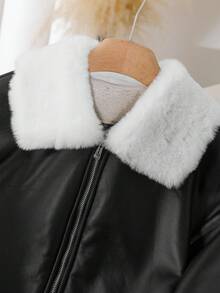 CosyJoli 大码休闲摩托车仿皮毛和PU拼布拉链棒球夹克仿皮毛领夹克女士黑色皮夹克女式带衬里皮夹克女式皮夹克女式冬季夹克飞行员夹克女式黑色夹克