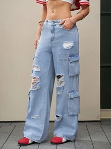 Jeanoix Jeans de mezclilla de ajuste holgado y casual con múltiples bolsillos y efecto desgastado para mujer