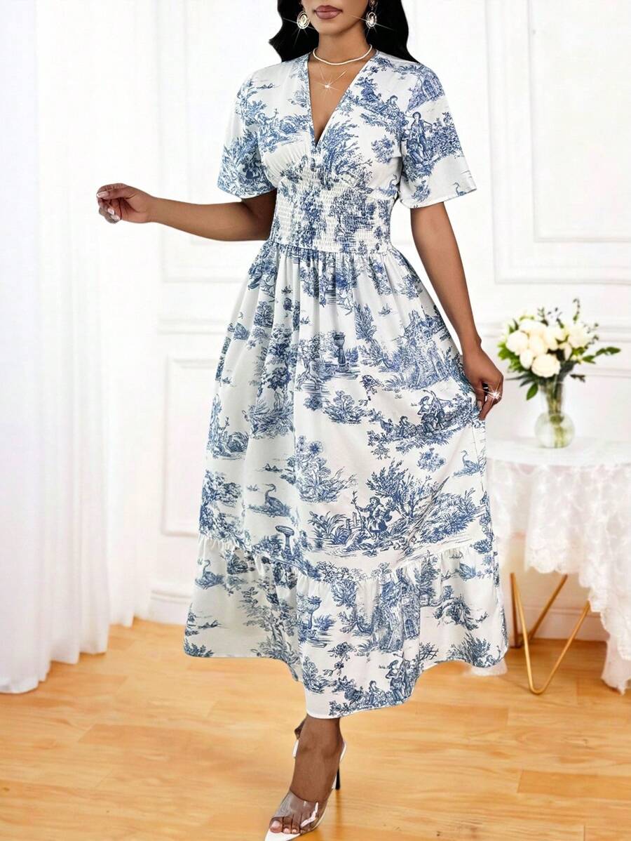 SHEIN Lady 女士优雅休闲度假通勤蓝白碎花撞色印花修腰V领短袖中长连衣裙春夏秋季装 - 藍白色 - 查看 1