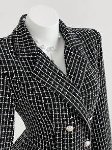 Elamini Plaid Double-Breasted Lapel Thick Woolen Fitted Dress, Autumn/Winter