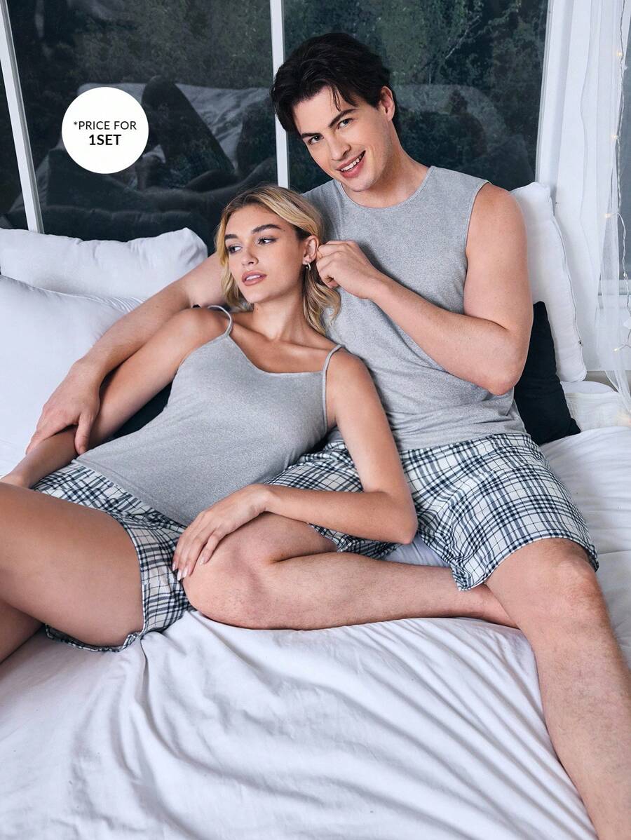 SHEIN 2件套男士休闲格子短裤和背心睡衣套装 - 彩色 - 查看 1