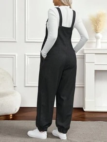 SHEIN Peto vaquero de maternidad de unicolor casual con bolsillo en diagonal y cordón ajustable - Negro - Ver 2