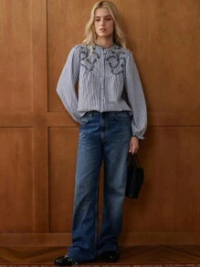 Écloséra Camisa de manga larga con botones, bordada y a rayas, de estilo vintage para mujer, para otoño/invierno