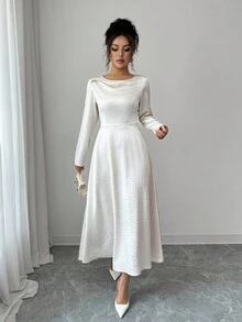 SHEIN Franclia Women's Elegant Satin Satin Dress, Suitable For Commuting And Dating Fall Cloth For Women - Apricot - View 5