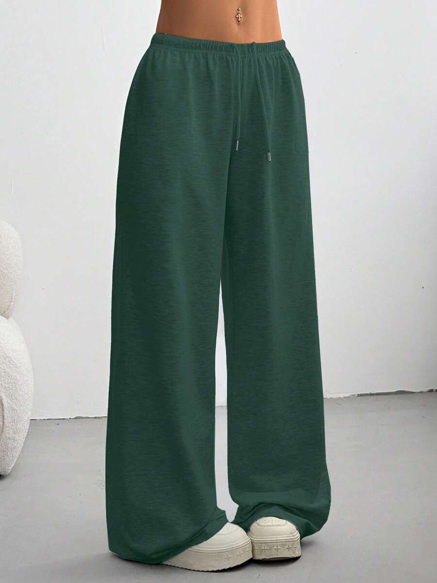 CovetEZ Quần nỉ cạp rút màu trơn đơn giản cho nữ - Màu xanh lá cây đậm - Xem 1