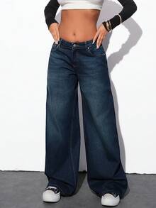 EURMUSE Low Waist Wash Detailed Wideleg Jean Y2k Jeans Low Rise Jeans 2000s Jeans Wide Leg Jeans Flared Jeans - Dark Wash - View 5