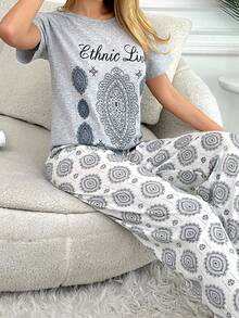 SHEIN Cottnline 100%Cotton 2Pcs/Women Retro Pattern Detail Homewear Pajama Sets - Grey - View 3