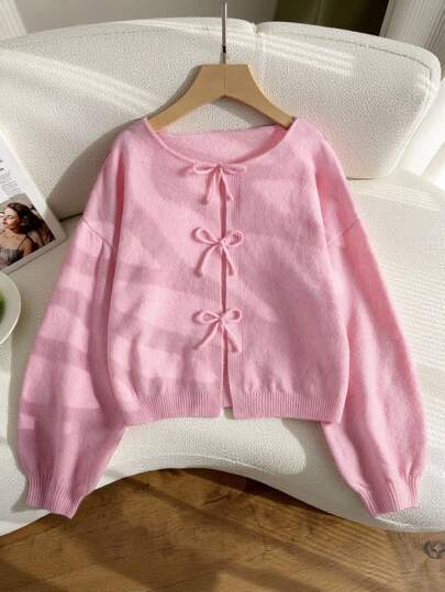 SHEIN Tween-Mädchen Einfarbige Strickjacke mit langen Ärmeln und Schleife, kann über Button-Down-Hemden getragen werden, geeignet für den lässigen Alltag