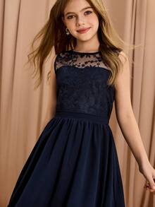 Girls' Sleeveless Lace Chiffon Dress, Big Tween Girl Long Chiffon Sister Dress, Holiday Party Princess Gown - Blue - View 7