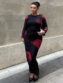 Firerie 加大码优雅花卉印花褶饰长袖网眼连衣裙，适合约会、音乐会、表演、派对、婚礼、性感、优雅、通勤、返校、度假、海滩、办公室女士、美人鱼风格、生日派对 - 彩色 - 查看 5