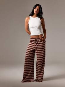 AiiRZ 舒适阔腿罗纹休闲裤舒适条纹睡裤睡裤带抽绳松紧腰宽松家居服