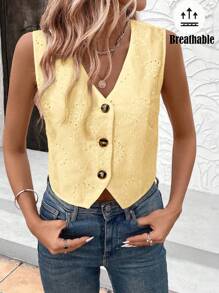 SHEIN LUNE Butter Yellow Spring Embroidered Romantic Date Women's Shirt With Vest - Yellow - View 2