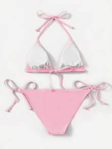 SHEIN Swim Women's Simple Solid Color Knotted Halter Split Bikini Swimsuit, Suitable For Beach Vacation, Summer