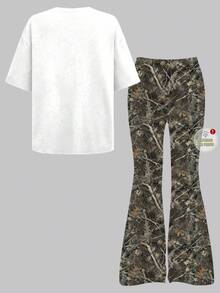 SHEIN Leap Crew 休闲简约个性化指纹纹身戒指印花图案 T 恤和阔腿裤两件套，秋季新品，宽松圆领短袖 T 恤，花卉枝叶印花，朋克风格，街头服饰，复古，返校装，可爱，节日家庭户外春季野餐日常穿着，适合各种场合，少女服装套装 - 彩色 - 查看 2