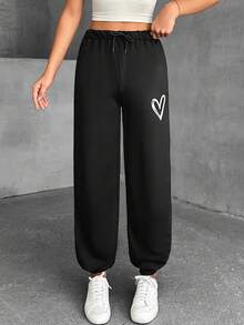 SHEIN Tall 长款心形印花抽绳腰部休闲运动裤 - 黑色 - 查看 3