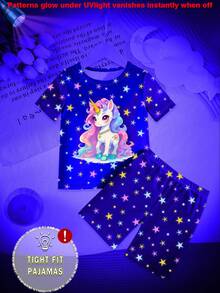 SHEIN 小女孩睡衣套装，蓝色独角兽印花，弹力面料短袖上衣和短裤两件套舒适睡衣 - 藍色 - 查看 5