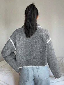 SHEIN EZwear 女士休闲撞色短款外套，秋冬季 - 淺灰色 - 查看 2
