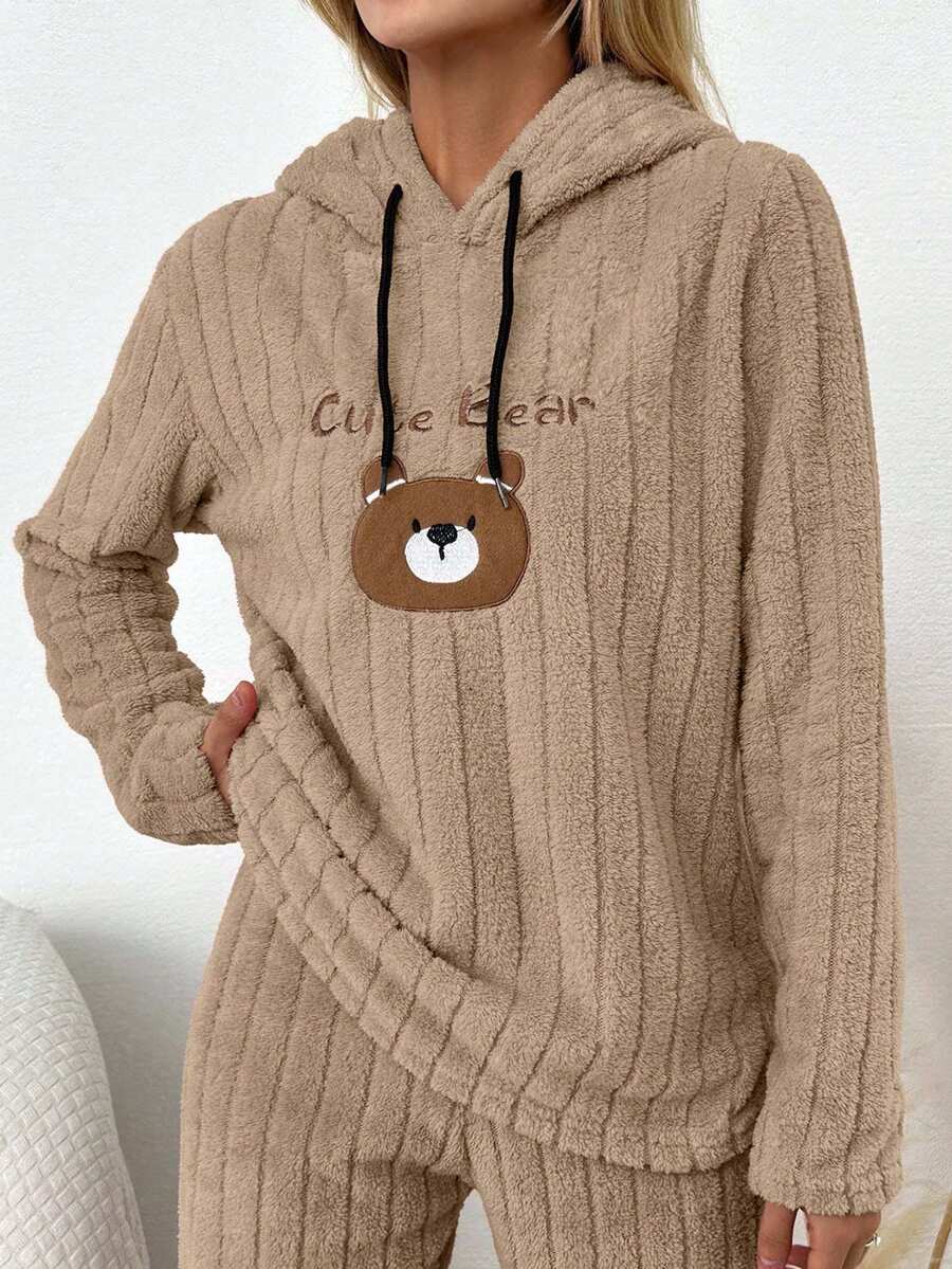 Women's Cartoon Letter Embroidered Hooded Sleepwear Top, Autumn/Winter