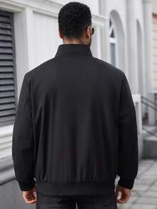 Manfinity CasualCool Plus Size Men's Casual Solid Color Black Zip Up Jacket Casual, Outdoor Windbreaker, Fall