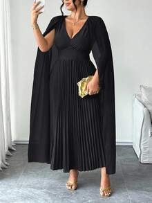 Elenzga 加大码 V 领拼接雪纺蝙蝠袖仿腰褶皱 A 字下摆休闲优雅连衣裙，适合外出、聚会、度假 - 黑色 - 查看 3