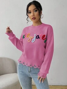 Chiquease Women's Autumn 3D Letter Dropped Shoulder Long Sleeve Loose Casual Sweater Fall Winter Cloth For Women - Pink - View 7