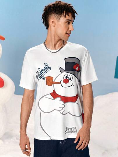 Frosty the Snowman X SHEIN 男士休闲雪人印花圆领短袖T恤，夏季