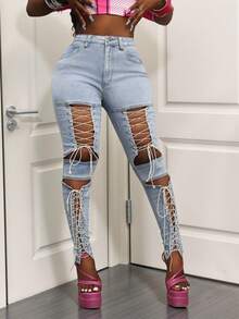 SHEIN BamGlam Jeans ajustados de moda con diseño de corte hueco y cintura alta con lazo para mujer