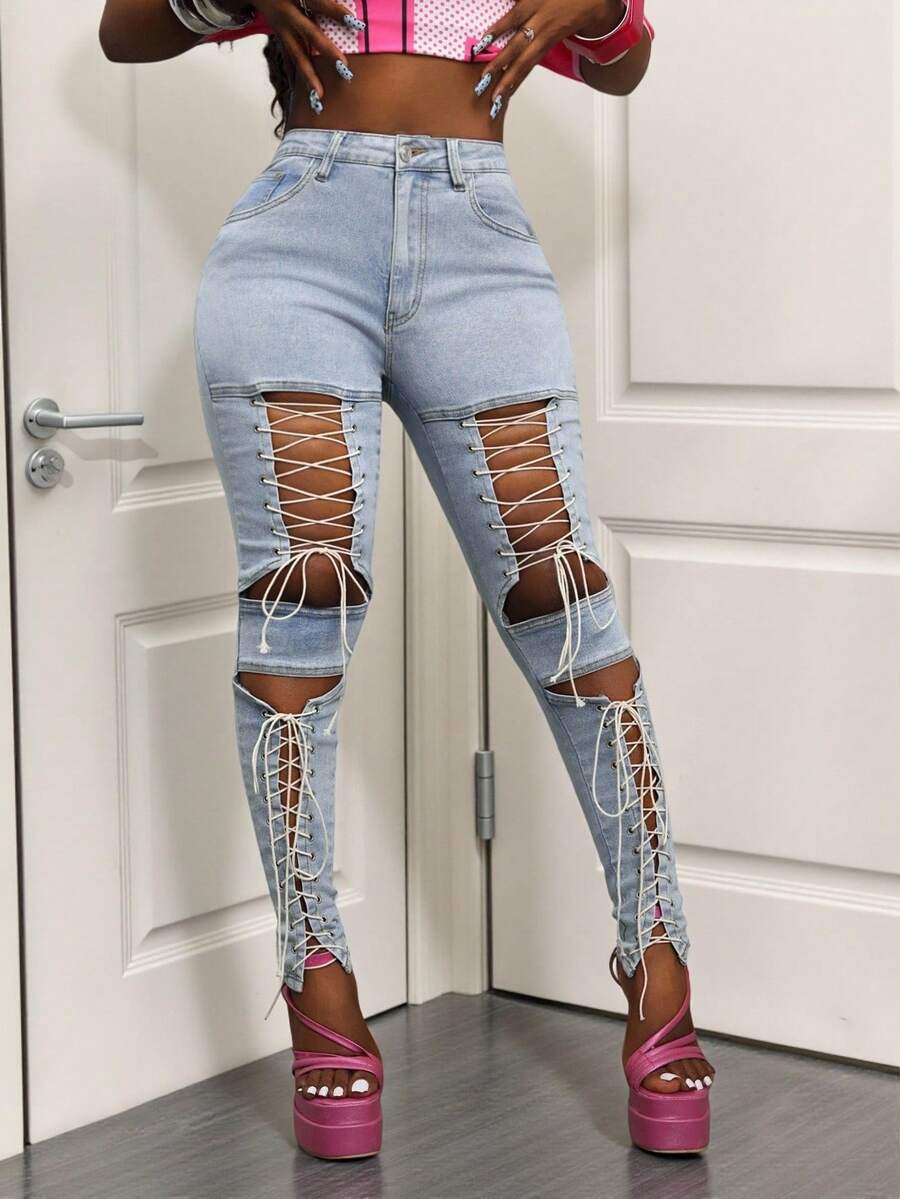 SHEIN BamGlam Jeans ajustados de moda con diseño de corte hueco y cintura alta con lazo para mujer