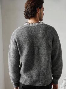 Manfinity Homme 男士休闲蕾丝边毛衣，秋冬 - 深灰色 - 查看 2
