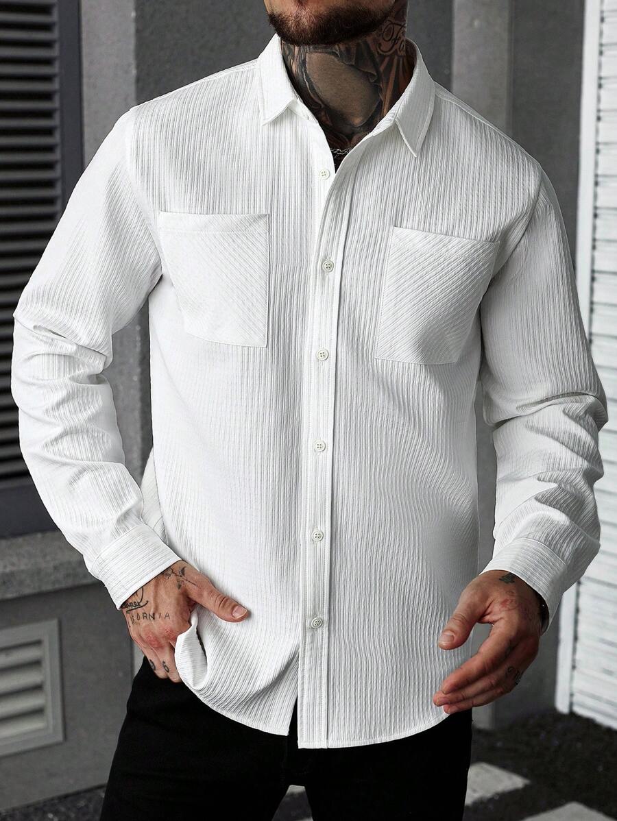 Manfinity Homme Camisa Social Casual de Manga Longa com Botões e Cor Sólida para Homens, Camisa Social Casual de Manga Longa com Botões, Textura de Cor Sólida, Bolsos Duplos e Amassado para Homens, Outono - Branco - Visão 1