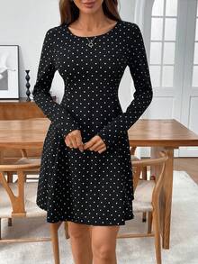 Miaspire Women's Casual Commuter Polka Dot Print Mini Dress,Fall - Black - View 6