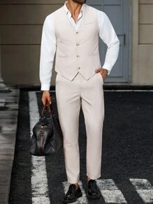 Manfinity Mode Bộ vest vest công sở cài nút phía trước cỡ lớn dành cho nam, áo khoác blazer & quần may đo & áo ba lỗ nam, trang phục vest 2 món - Màu Khaki - Xem 1