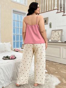 CottageSlumber Plus Size 2pcs/Set Contrast Color Cherry Print Camisole & Robe Loungewear Set, Cozy And Elegant Details, Fall Clothes - Pink - View 8