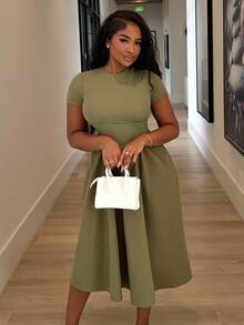 Alexandranx Black Herringbone Print Mid-Length Dress,Sun Dress - Army Green - View 4