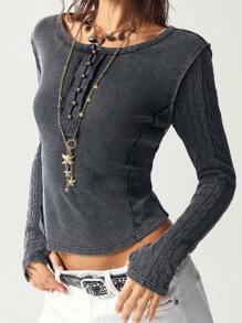 Bohemela Áo thun tay dài dệt kim trơn màu đơn giản có khóa kéo nửa dành cho nữ, phong cách Boho, mùa thu/đông - màu đen - Xem 6