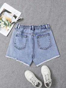 Pantaloncini di jeans casual e comodi da donna, in stile preppy e all'aperto, con vita elastica, chiusura con chiusura lampo e design vissuto - Blu lavato medio - Visualizzare 2
