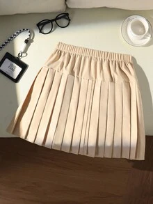 SHEIN 1pc Girls' Pleated Skirt, School Style With Elastic Waist, Casual Pleated Skirt For Daily Wear, Autumn Fall Winter - Khaki - View 2