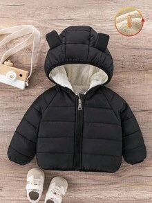 SHEIN 女婴加厚羽绒服，冬季新款加厚连帽拉链外套，带熊耳朵，休闲百搭户外秋季服装