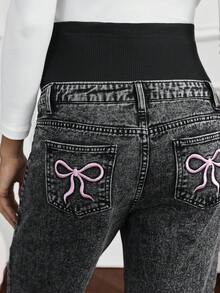 SHEIN 蝴蝶结刺绣口袋孕妇牛仔裤 - 深灰色 - 查看 7