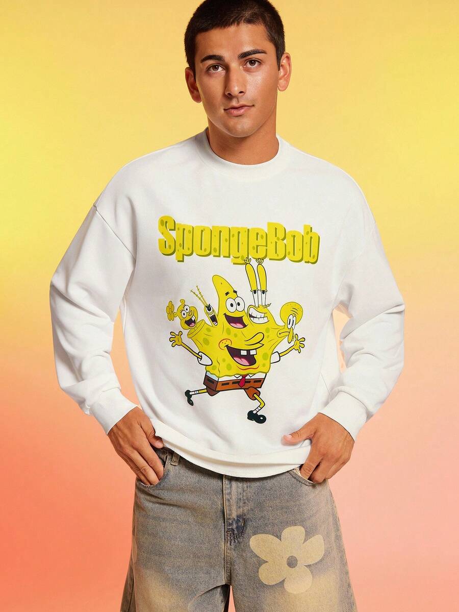 SpongeBob SquarePants | SHEIN Men Letter & Cartoon Pattern Long Sleeve Pullover Sweatshirt , Fall - White - View 1