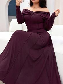 Feyla Plus Size Elegant Solid Color Off-Shoulder Dress, Autumn - Burgundy - View 4
