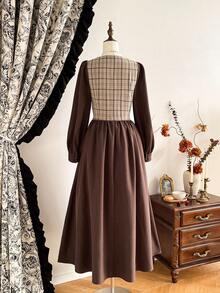Vintamour Vintage Classic Elegant College Style Women's Dress, Fitted Plaid Patchwork Dress, Mixed Fabric Patchwork Dress, Coffee Brown Long Sleeve Dress, Flared Hem Dress, Autumn/Winter Autumn Clothes Winter Clothes For Women Brown Dress Plaid Dress - Coffee Brown - View 2