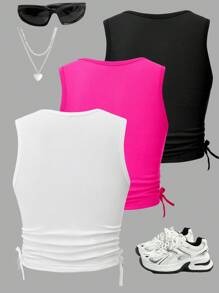 SHEIN Explorewe Tween Girls Solid Color Round Neck Side Tie Design Camisole Layering Tops, Multi-Pack - Multicolor - View 2