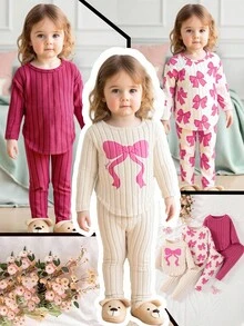 SHEIN Playful Pals 6件套可爱女婴春秋罗纹面料蝴蝶结印花/蝴蝶结印花/纯紫红色长袖弧形下摆T恤和修身裤休闲时尚装 - 彩色 - 查看 3