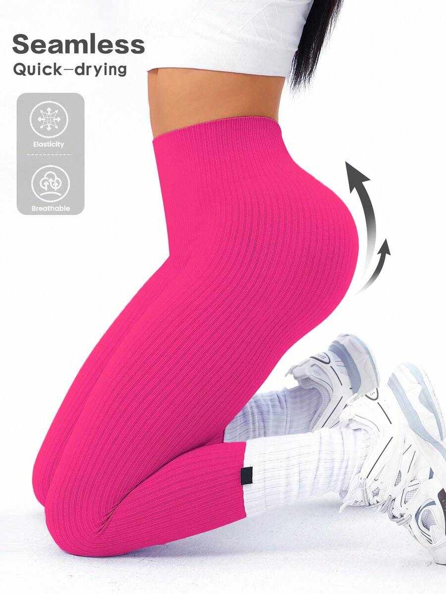 SHEIN Sports 女式高腰纯色罗纹无缝瑜伽紧身裤 - 玫紅色 - 查看 1