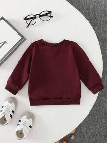 SHEIN 男婴休闲巴黎字母印花罗纹长袖卫衣，春/秋/冬，婴儿，6个月-3岁 - 酒紅色 - 查看 2