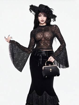 Grunge Punk Blusa transparente con mangas acampanadas y estilo gótico oscuro, adecuada para Halloween