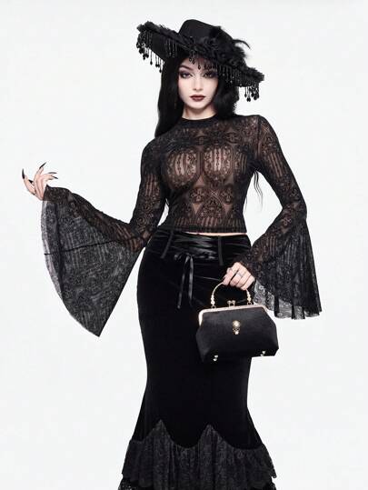 Grunge Punk Blusa transparente con mangas acampanadas y estilo gótico oscuro, adecuada para Halloween